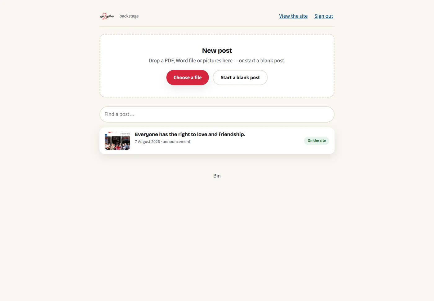 The Backstage desk: a large drop zone reading 'New post — drop a PDF, Word file or pictures here, or start a blank post', a search box, and a list of posts