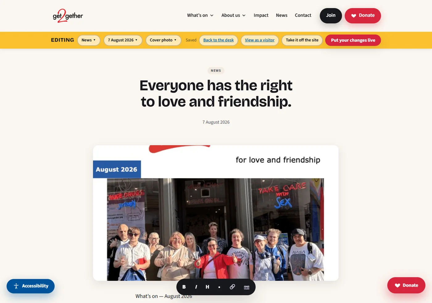 The charity's own website with a yellow editing bar across the top, reading: Back to the desk, View as a visitor, Take it off the site, Put your changes live