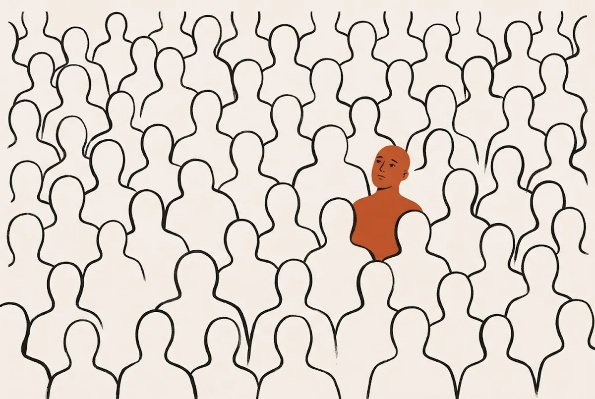 Illustration: a crowd of hollow, faceless outlines with a single solid human figure among them