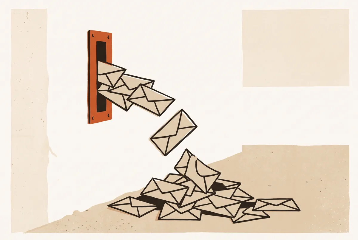 Illustration: letters being posted through a letterbox that has no box behind it, piling up unseen on the floor