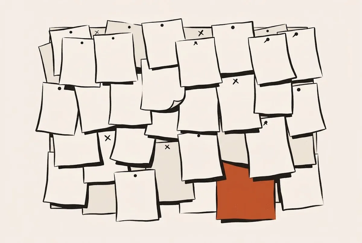 Illustration: a noticeboard smothered under dozens of blank sheets, with one real poster buried underneath