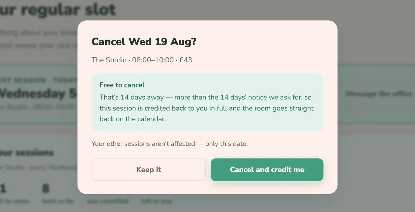A dialog reading: Cancel Wed 19 Aug? Free to cancel — that's 14 days away, so this session is credited back to you in full and the room goes straight back on the calendar.