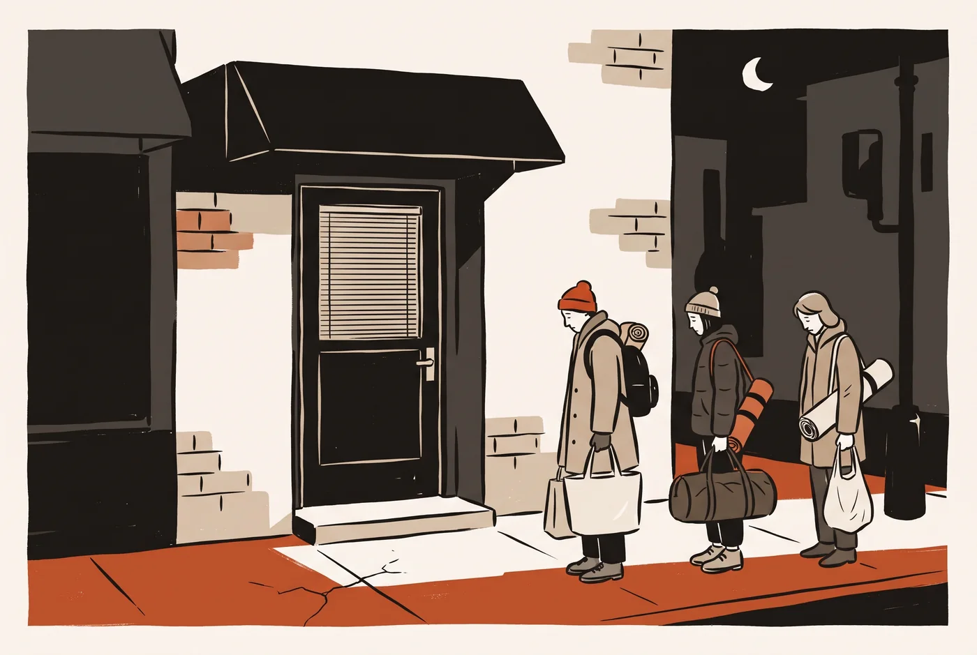 Illustration: a closed office door with the blind down at night, and three people waiting outside with bags and rolled-up yoga mats