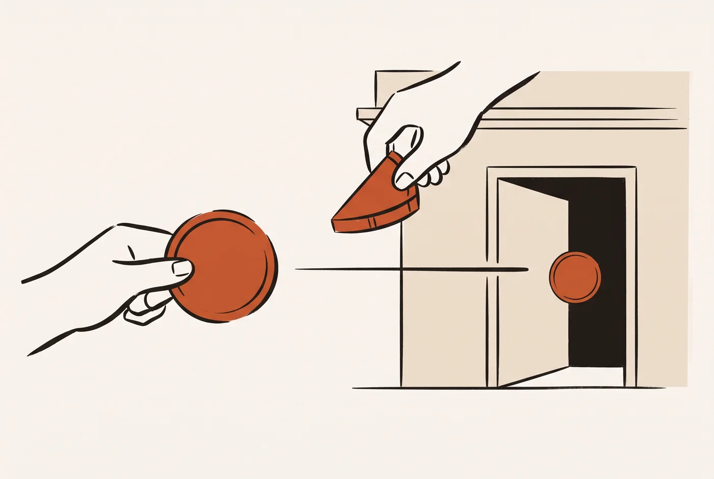 Illustration: a coin passed towards a building's doorway while a hand lifts a wedge-shaped slice out of it on the way, so a smaller coin arrives