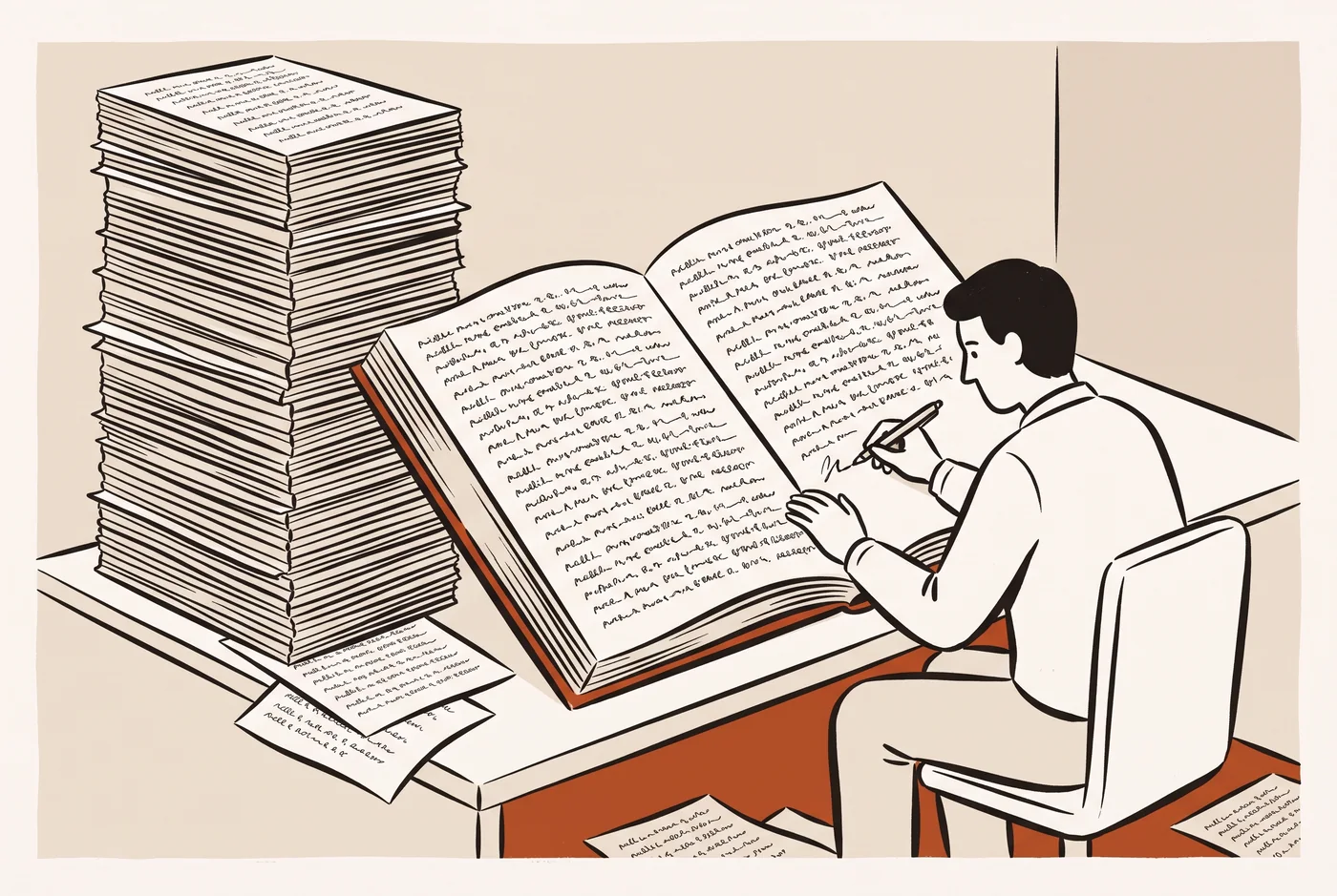 Illustration: a person copying the same entry over and over into an enormous ledger, beside a towering stack of identical completed pages