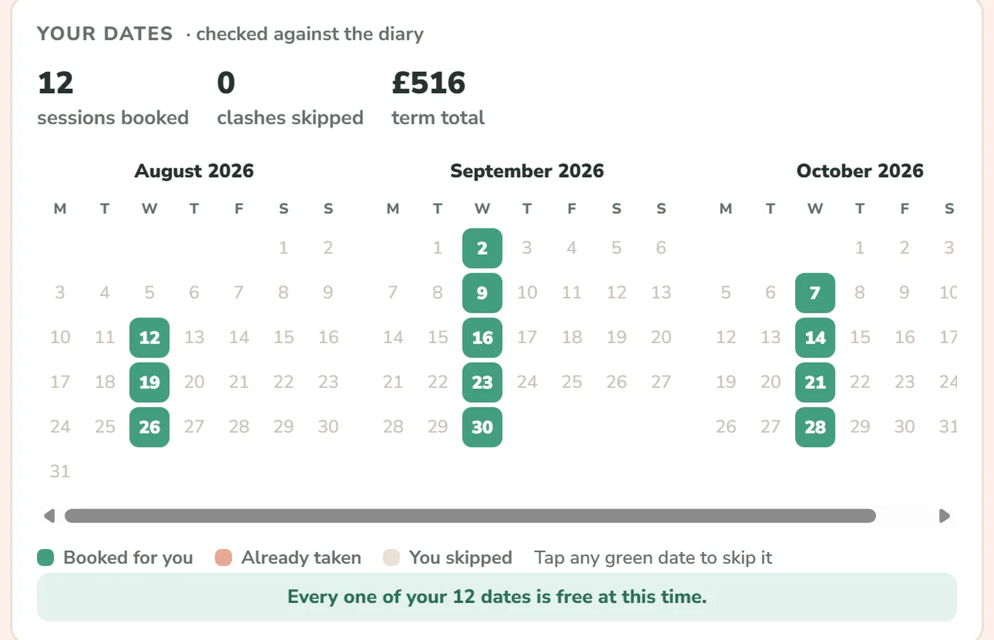 A term of twelve weekly sessions, with every date checked against the diary: 12 sessions booked, 0 clashes skipped, and three months of calendar with each date marked