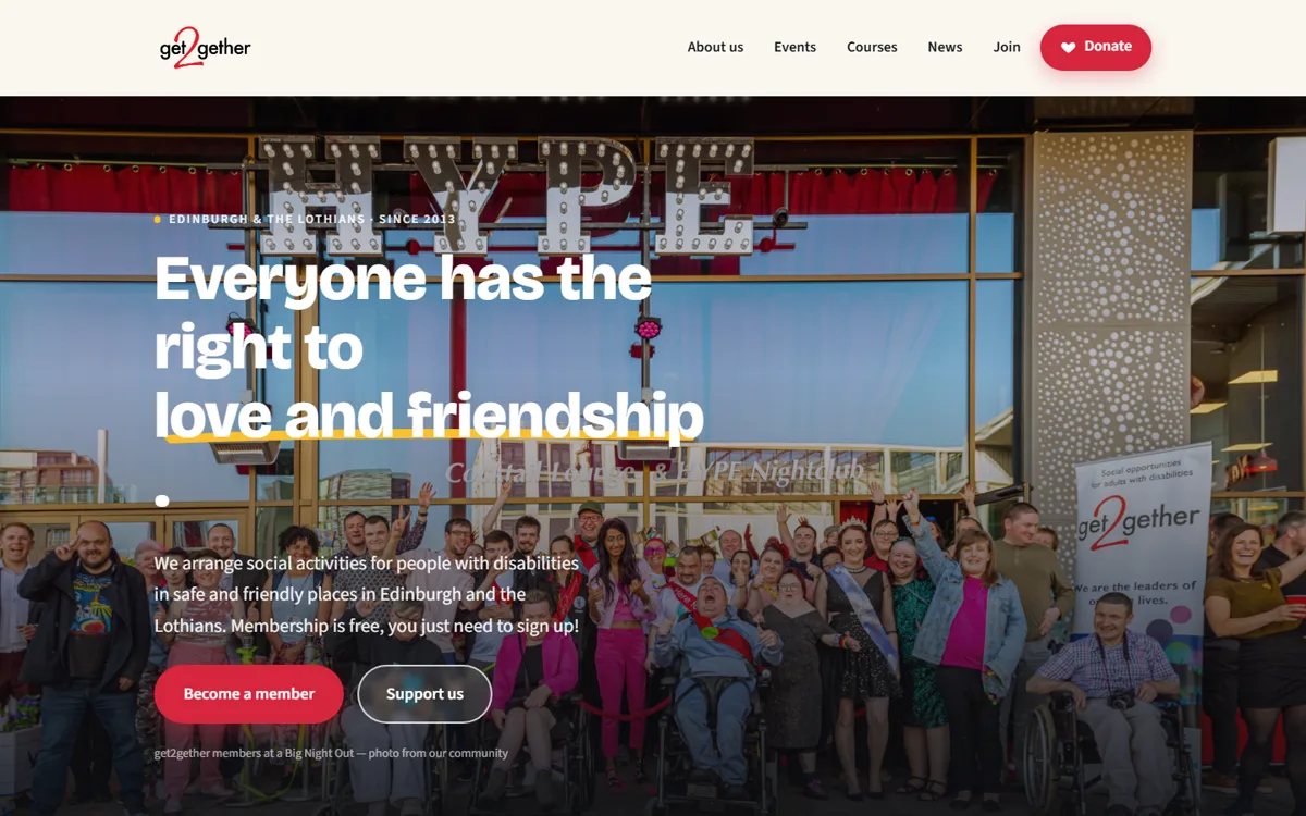 The rebuilt homepage: one clear sentence about what the charity does, a photograph of real members, and two buttons