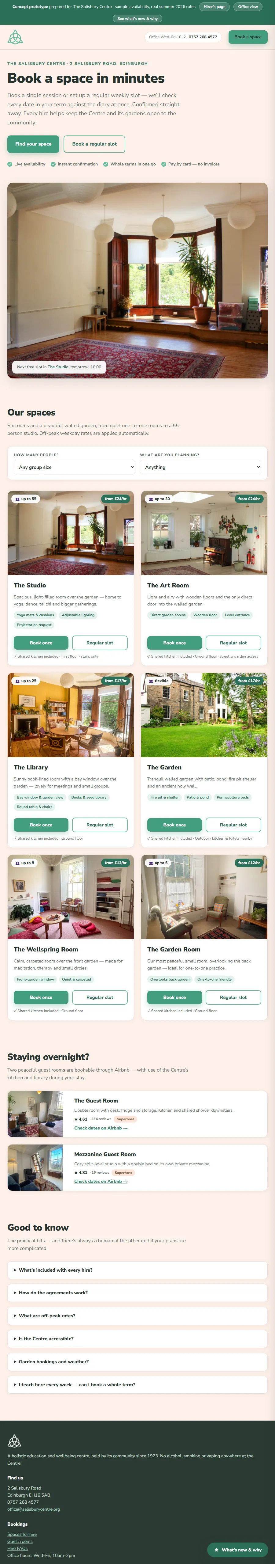 The booking system I built for The Salisbury Centre, showing live availability and prices for each room